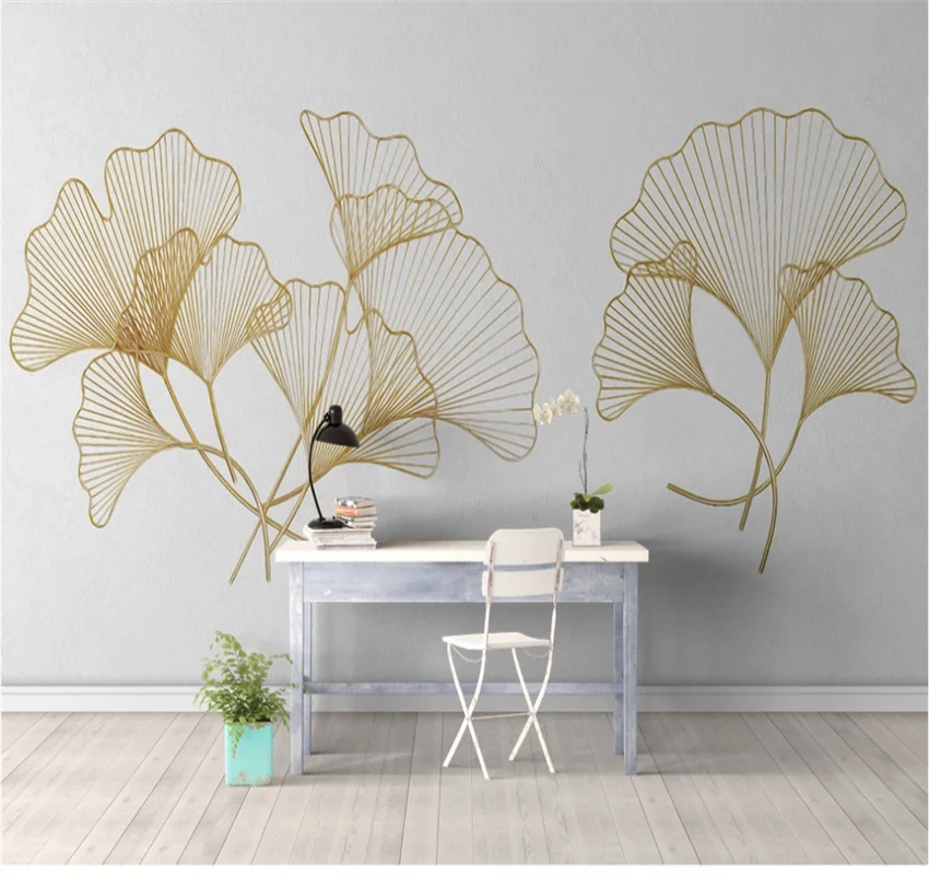 

xuesu Customized 8d wallpaper mural 3D photo wallpaper simple golden ginkgo leaf hand-painted abstract pattern background wall