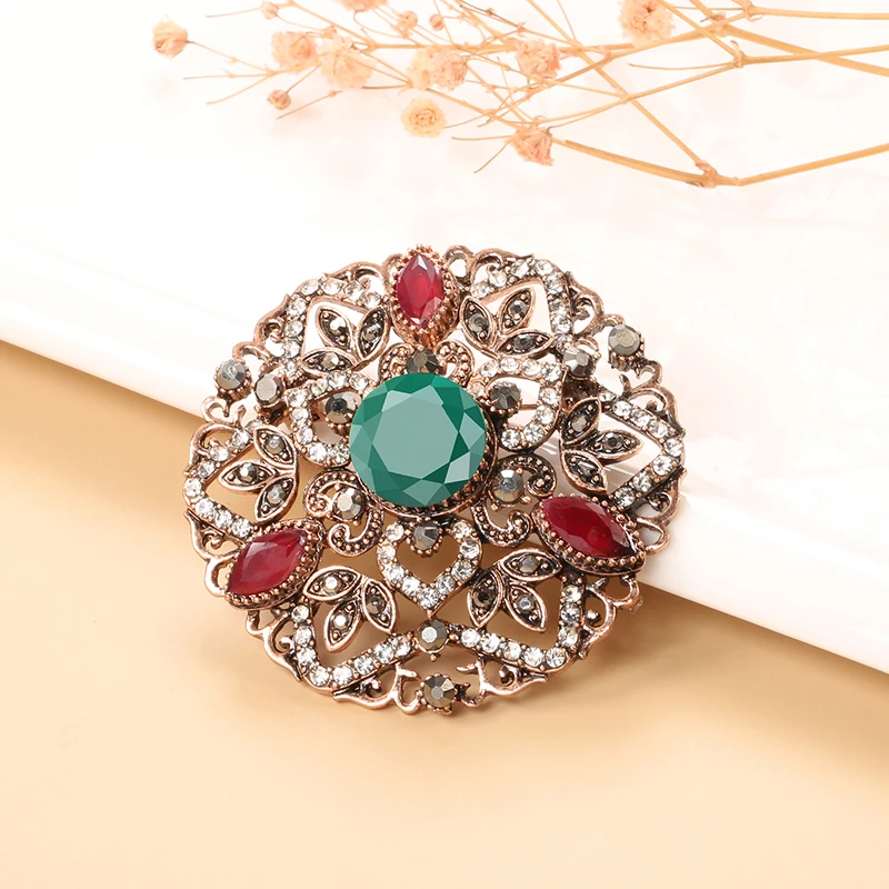 Kinel Turkish Crystal Hollow Flower Vintage Brooch for Women Antique Gold Color Boho Ethnic Bride Wedding Jewelry Badge Gift