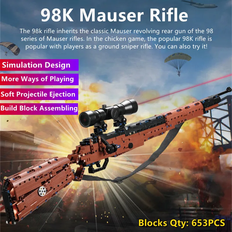 653PCS DIY Building Blocks Assembled Gun Toy 98K Sniper Rifle Firing Bullets Gun Tactical Strap Children's Educational Kids Toy