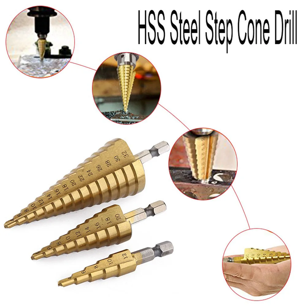 4-12/20/32mm HSS Titanium Coated Step Drill Bit High Speed Steel Wood Hole Cutter Step Cone Drill Metal Drilling Power Tools