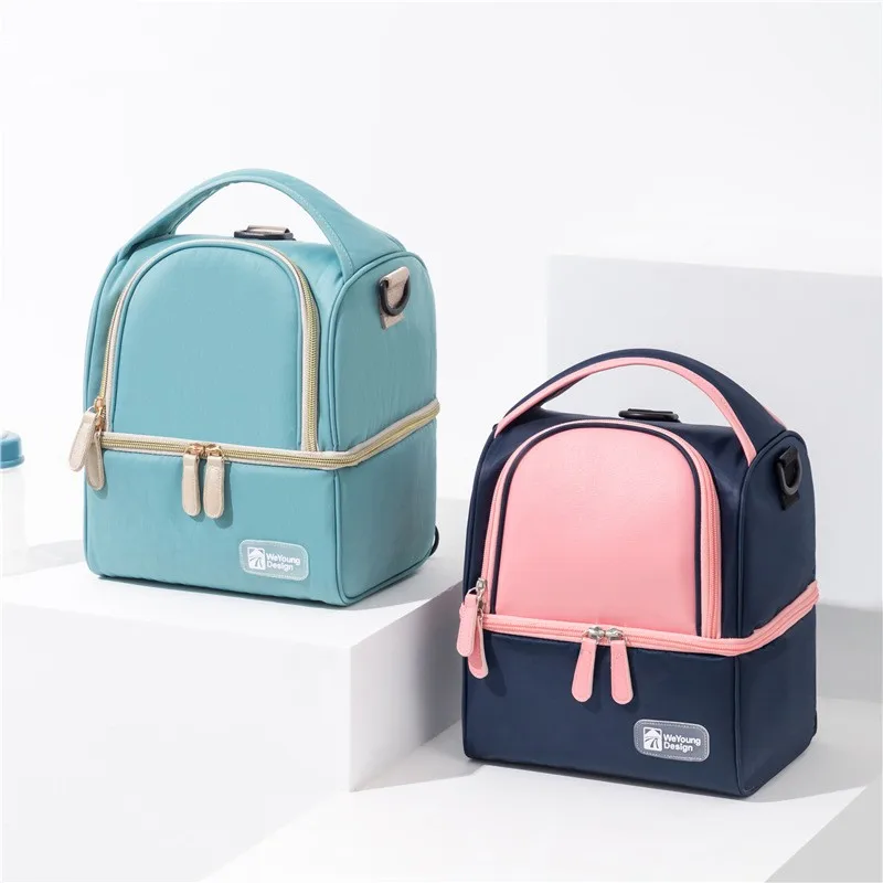 Insulation Bag Milk Storage Bag Solid Color Zipper Lunch Bag Double Layer Fresh Keeping Bag Baby Bottle Backpack Shoulder Bag