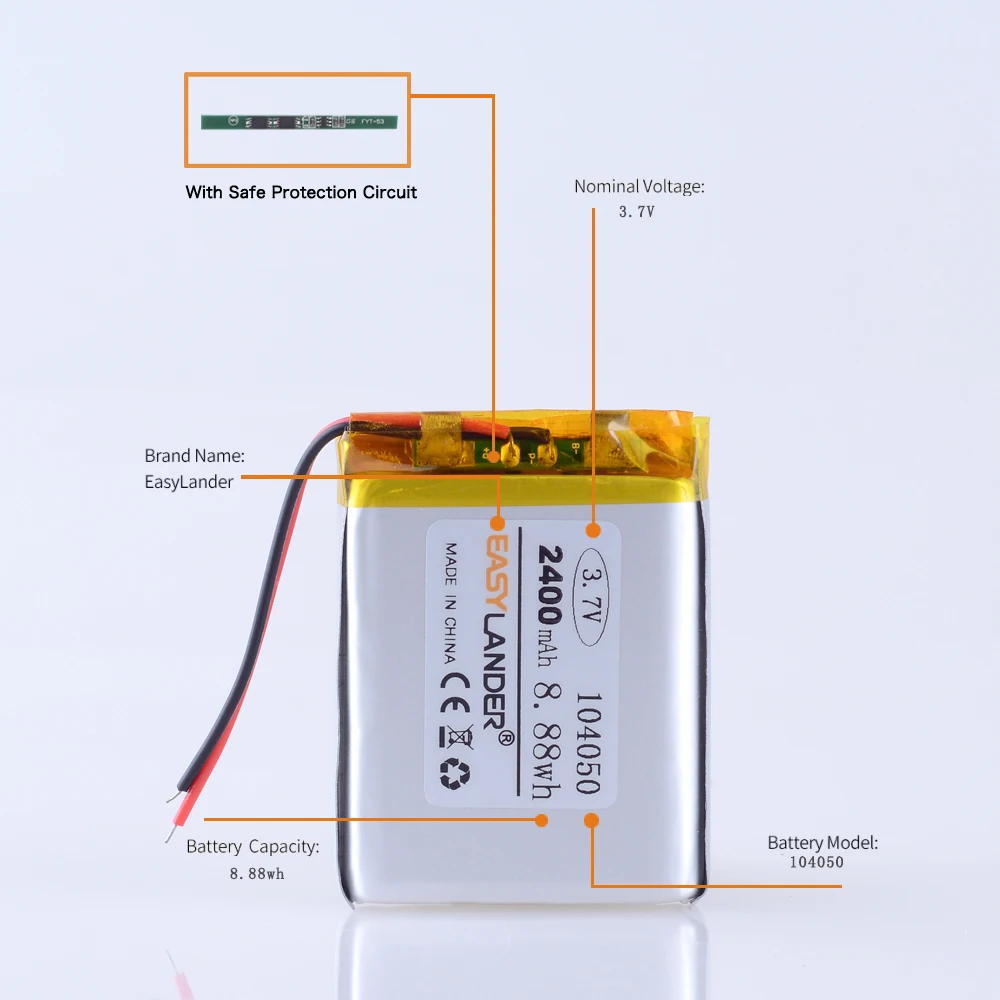 JST2.0 2P 3.7V 2400mAh 104050 Rechargeable Lithium Li-ion Polymer Battery Lipo