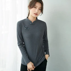 Chinese Style T Shirt Women Cotton Half Turtleneck Slim T-Shirt New 2022 Full Winter Solid Clothes Womens Long Sleeve Tops Femme