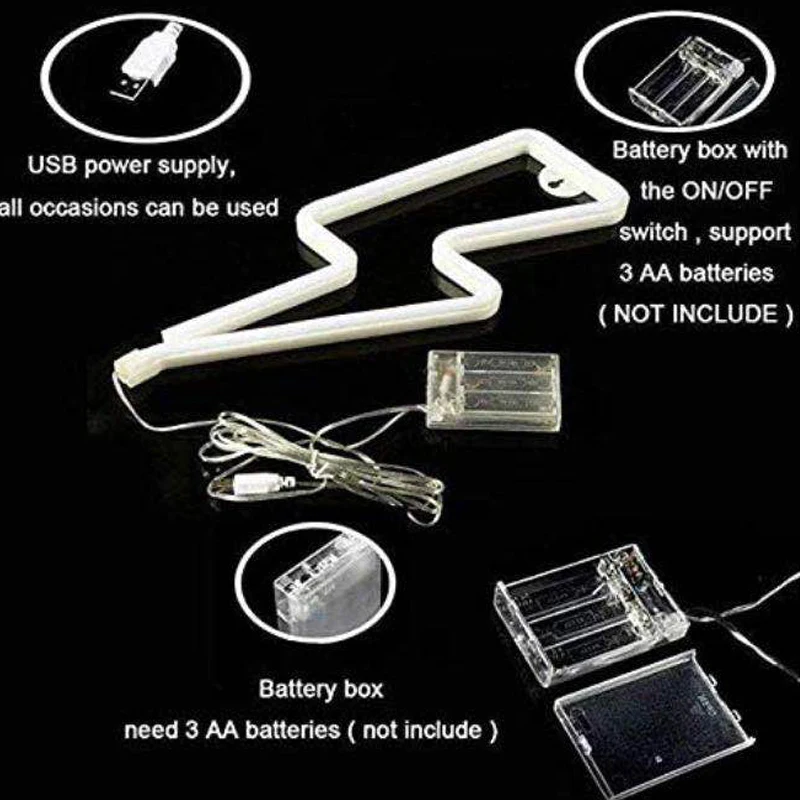 실내 장식 램프, 배터리 상자, USB 이중 목적 번개 모양의 네온 LED 스트립, 작은 야간 조명 펜던트 네온 조명