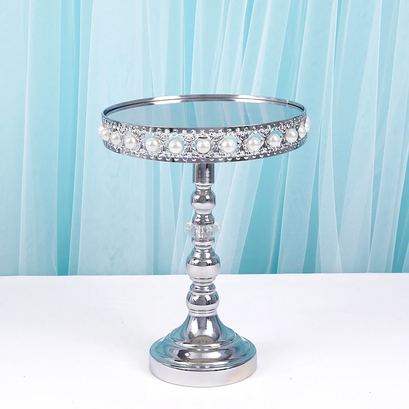 1pcs Silver Metal Peral Cake Plate Stand Wooden Plate High Base Cupcake Dish Party Filming Props Dessert Dish Wedding Tray Decor