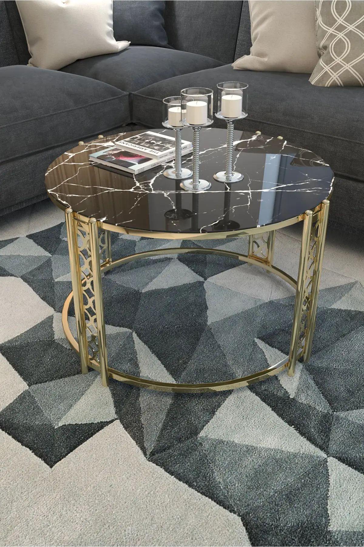 Black Marble Pattern Barlas Lux Stylish Gold Medium Coffee Table