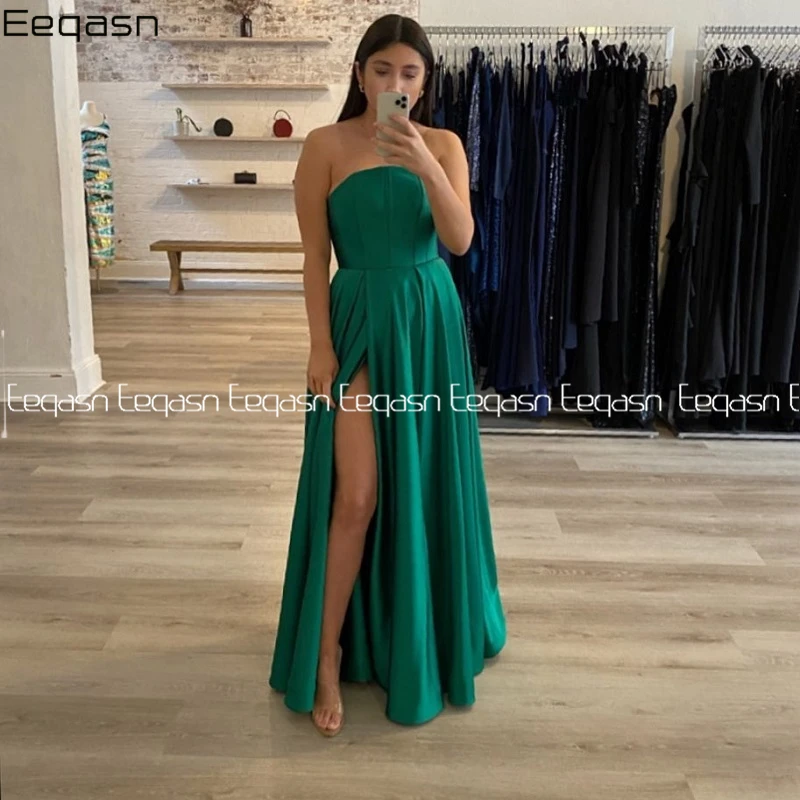 

Cheap Elegant Green Evening Dresses Long Satin A Line Pleats Sexy Side Slit Graduation Prom Gowns Formal Party Dress