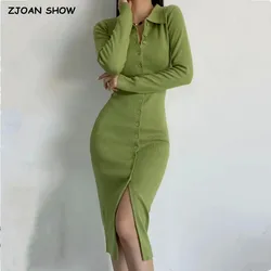 2021 Women Sexy Lapel Single-Breasted Buttons Bodycon Dresses Midi Slit Long Sleeve Sweater Dress Package Hips Slim Robe Vestido