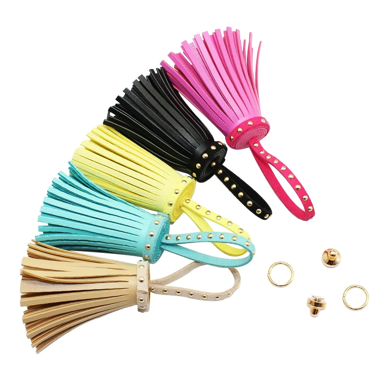 AIJJU 2 sztuk kolorowe PU skóra złoty nit Tassel DIY ozdoby rzemieślnicze brelok frędzle tworzenia biżuterii obudowa na telefon Decor wisiorki