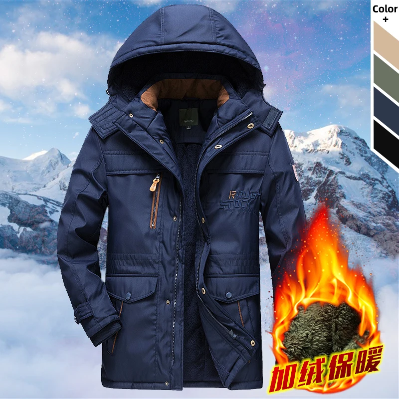 

Winter Thick Hooded Parkas Men Outdoor Hiking Windbreaker Coats Male Fleece Warm Windproof Detachable Hat Jackets Sports Casual