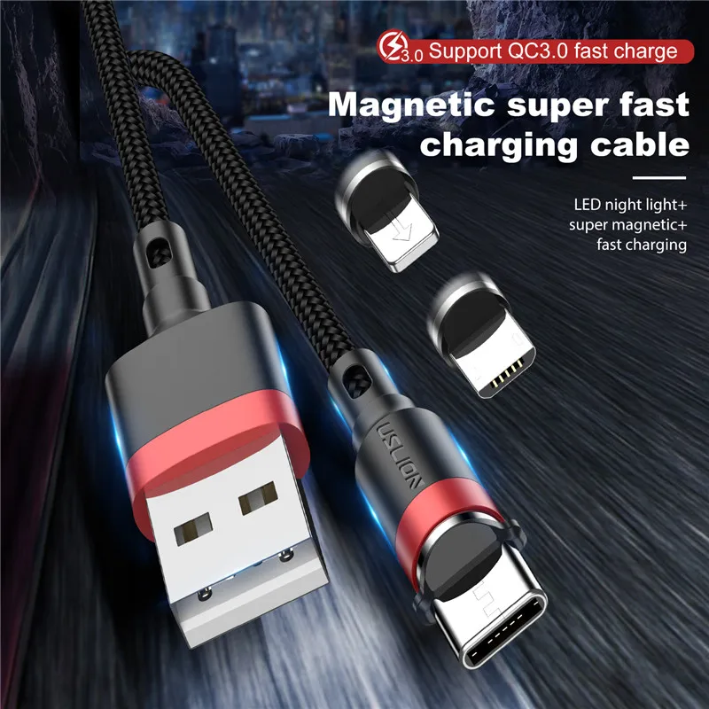 USLION Magnetic USB Cable Fast Charging For iPhone Xiaomi Data Wire Cord USB C Magnet Phone Charger Micro USB Type C Cable