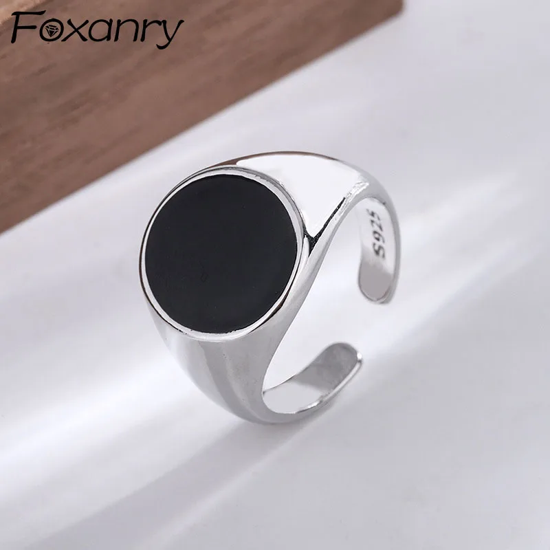 FOXANRY Silver Color Wide Rings for Women Trendy Elegant Vintage Design Simple Black Round Geometric Party Jewelry Gifts