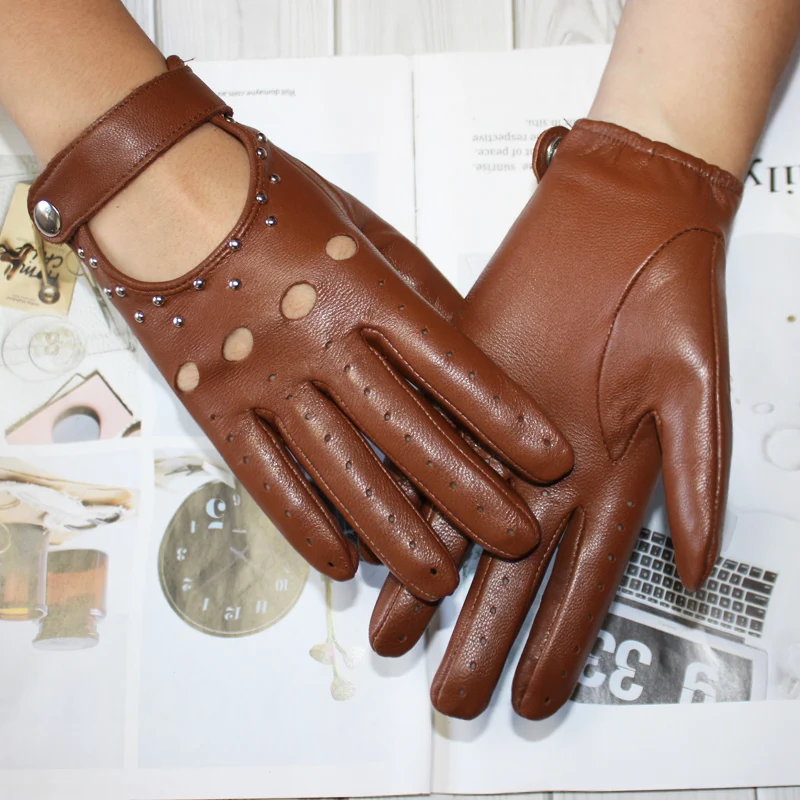 New high-quality women\'s goatskin full-finger gloves leather fashion rivets single-layer unlined thin driving gloves