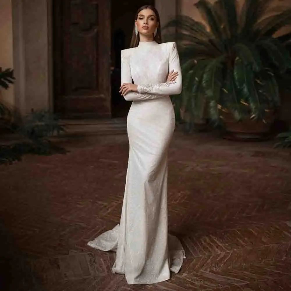 Customized High Neck Full Sleeve Sequined Wedding Dresses Sheath Floor-Length with Jersey Court Train White Bridal Gowns Mermadi