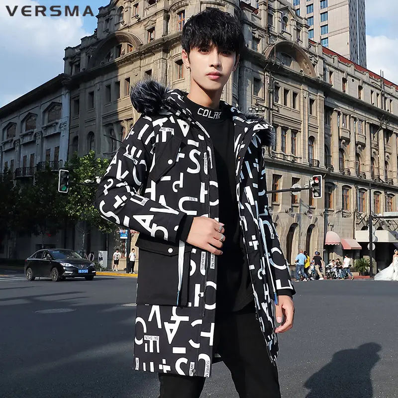 VERSMA Korean Trendy Letter Print Winter Parka Men Windbreak Plus Velvet Thick Warm Cotton Long Jackets Coats Women Dropshipping