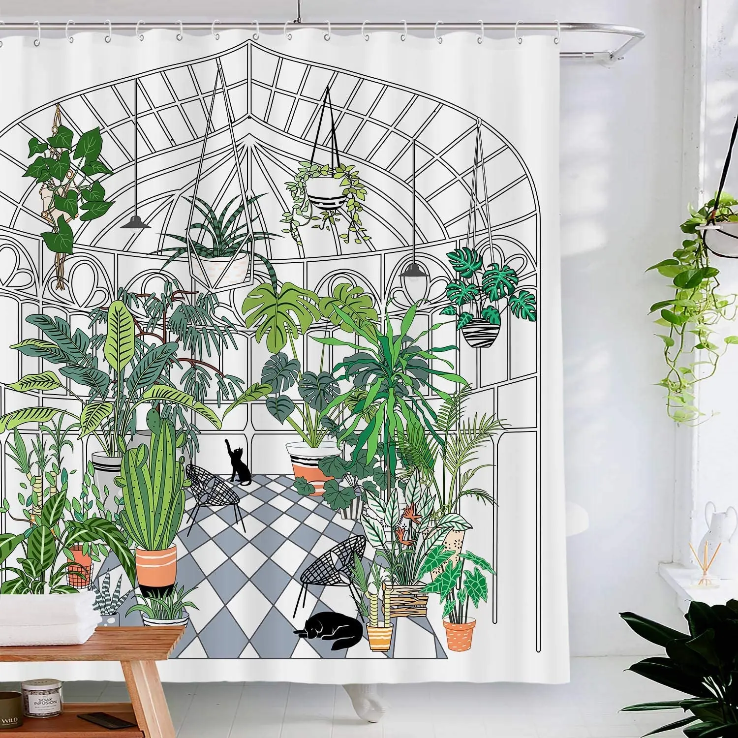 Greenhouse Potted Plants Succulents Leaves and Pet Shower Curtain Set for Bathroom Green