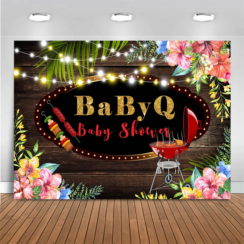 Mocsicka Baby Q Newborn Baby Shower Custom Background for Photo Studio Summer Tropical Barbecue Party Wood Backdrop Photography