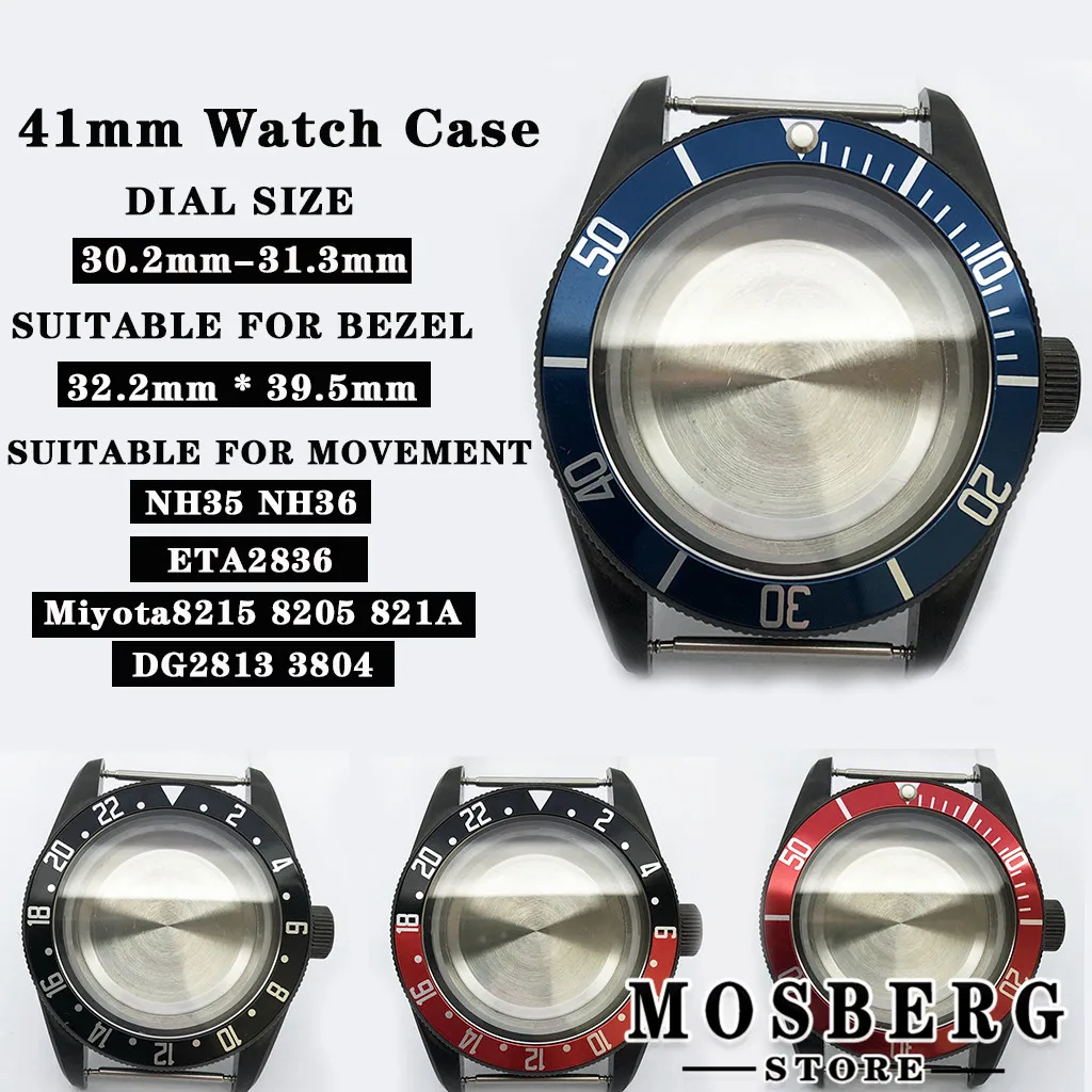 

41mm Black Watch Case With Bezel Solid 316L Stainless Steel Sapphire Glass For NH35 NH36 ETA2836 Miyota8215 8205 821A DG2813