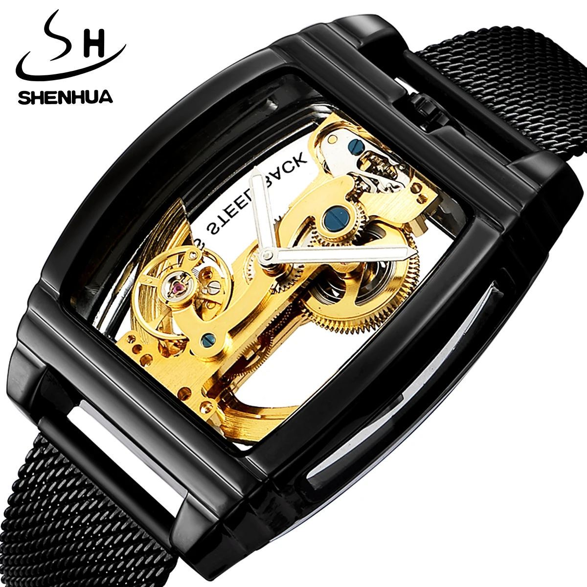 

SHENHUA Black Golden Classic Luxury Men Luminous Automatic Mechanical Stainless Steel Bracelet Strap Hook Buckle Wrist Watches