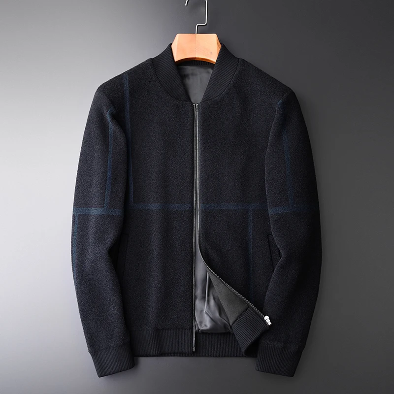 

Plaid Mens Sweaters Luxury Napping Stand Collar Cardigan Male Fashion Computer Knitted Zipper Sweater Man Winter