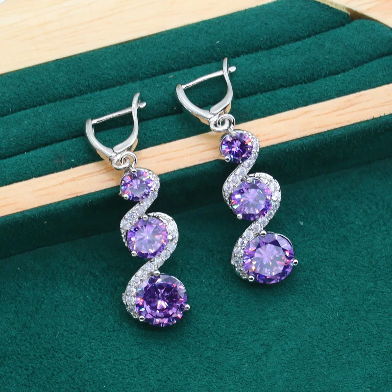 Classic Purple Topaz 925 Silver Jewelry Set for Women Wedding Bracelet Long Earrings Ring Necklace Pendant  Gift