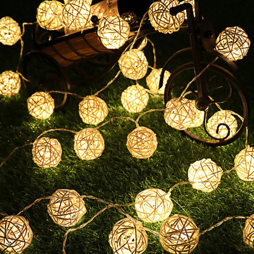 

Rattan Ball Christmas Lights String Warm White Garland Ball for Holiday Decoration Fairy Luces De Navidad