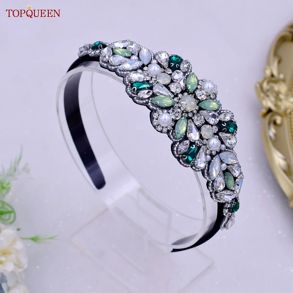 TOPQUEEN S443-FG Ladies Green Rhinestone Headband Fashion Simple Style Party Dance Wedding Headdress Girls Daily Wear Headband