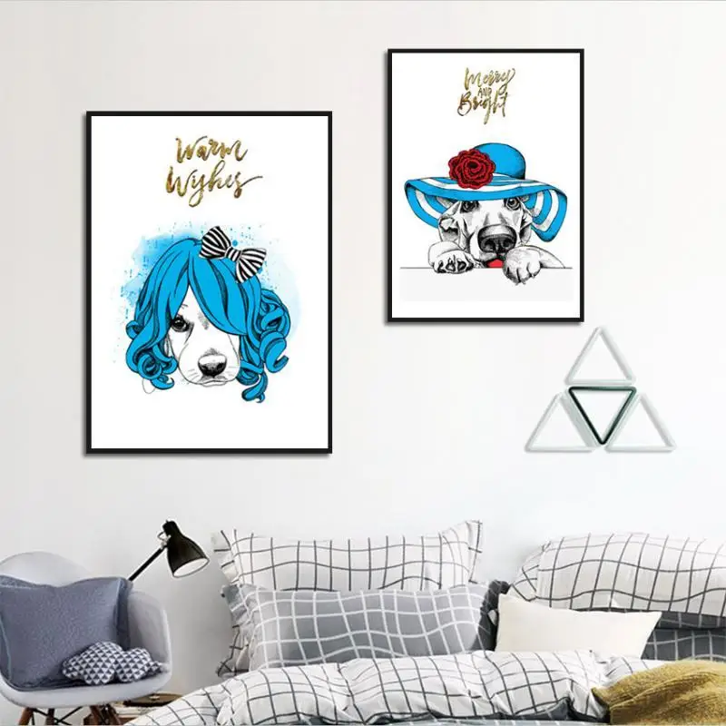 Canvas Printing Nordic Abstract Poster Animal Dogs Same Color Blue Hair Gold Foil English Living Room Funny Frameless Decorative