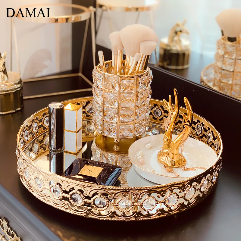 European Luxurious Glass Mirror Trays Gold Inlay Crystal Embellishment Jewelry Necklace Display Tray Dressing Table Decoration