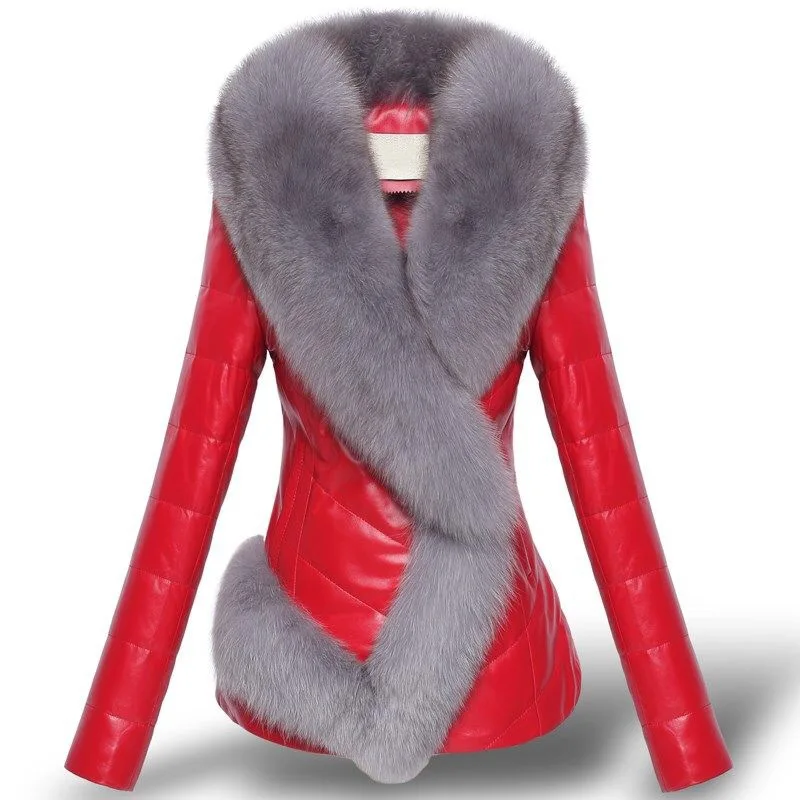 High quality Fashion Women Leather Jacket Short Faux Fox Fur Collar Slim Thick Warm Winter Coat Overcoat Motorcycle clothing