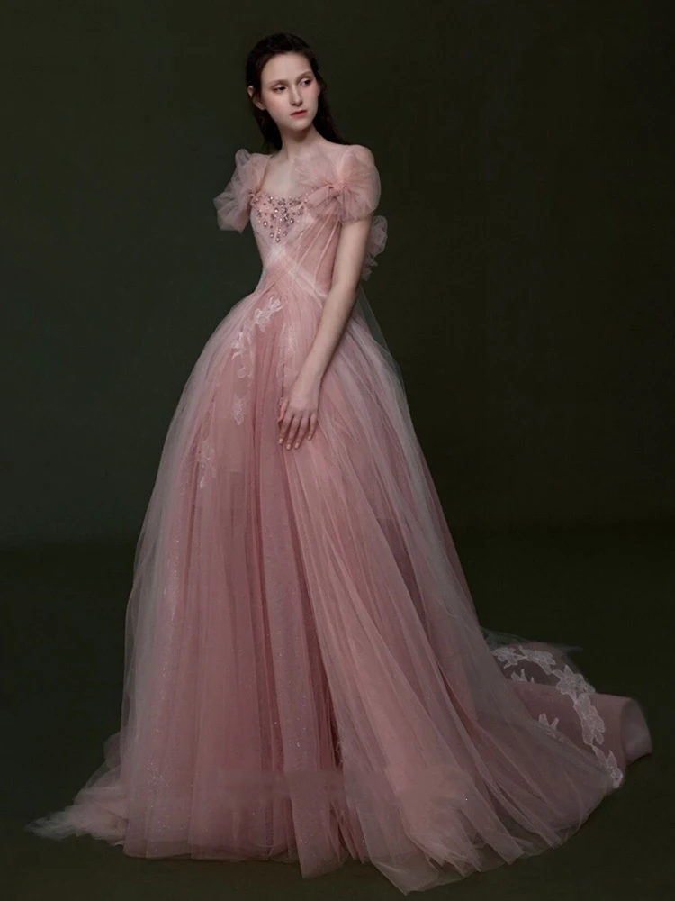 Elegante abito da sera formale in Tulle senza spalline rosa senza spalline abito da festa di nozze classico senza schienale a vita sottile