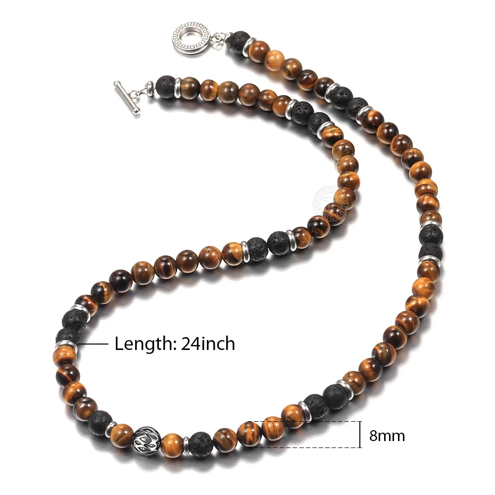 Unique Beaded Necklaces for  Mens Boy Tiger Eye Stone Lave Natural Stone Neck Male Jewelry Stainless Steel Toggle Clasp