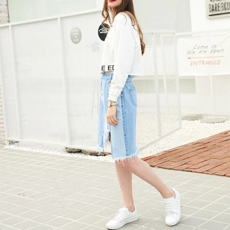 Ladies Fashion Color Patchwork Straight Knee Length Denim Skirts Hole Tassel High Waist Streetwear Casual Slim Fit Female Skirts