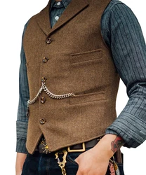 Business Mens Suit Vest Lapel V Neck Wool Herringbone Casual Brown Waistcoat Casual Formal Groomsman Jacket For Wedding