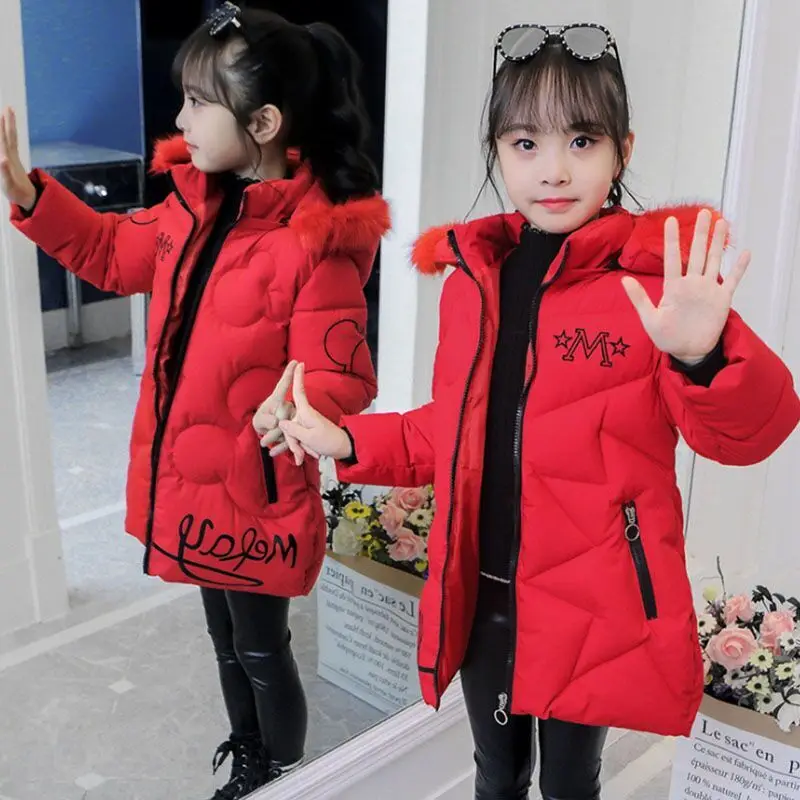 Winter Girls Teenager Windbreaker Coat Keep Warm Hooded Jacket For Girl Fur Collar Plus Velvet Long Style Outerwear 4-12 Years