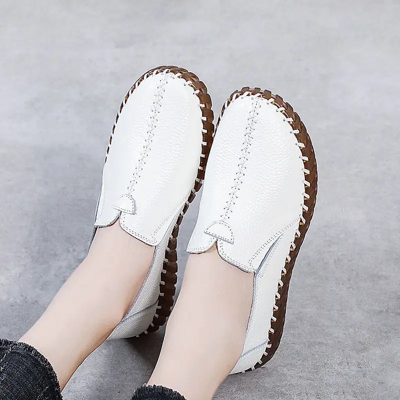 White Moccasins Autumn Summer Shoes For Women Genuine Leather Ballet Flats Women\'s Breathable Flat Loafers Woman Wide Feet Shoes