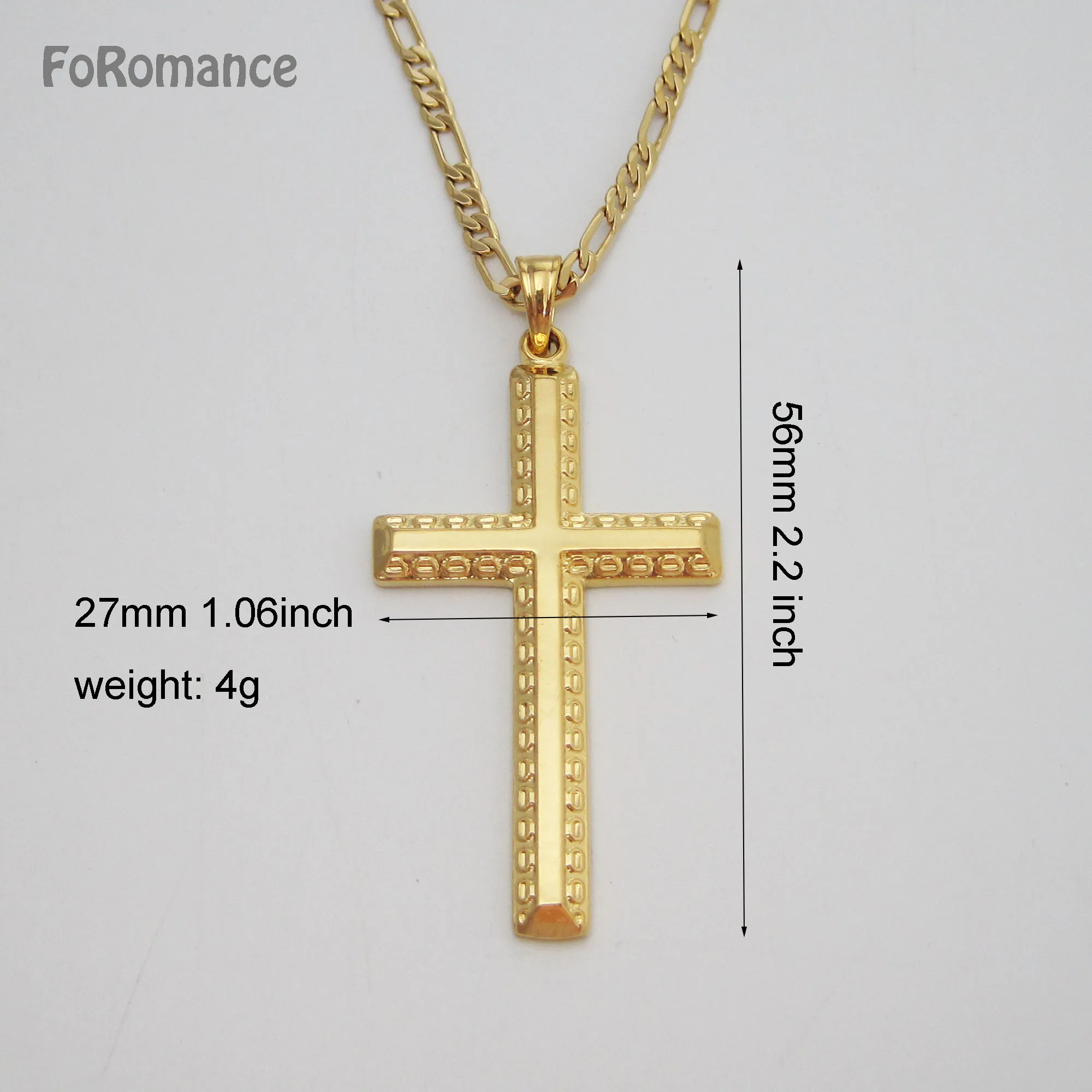 YELLOW GOLD COLOR 60CM FIGARO CHAIN PLAIN SURFACE WITH SMALL OVAL SHAPED CROSS PENDANT GREAT GIFT