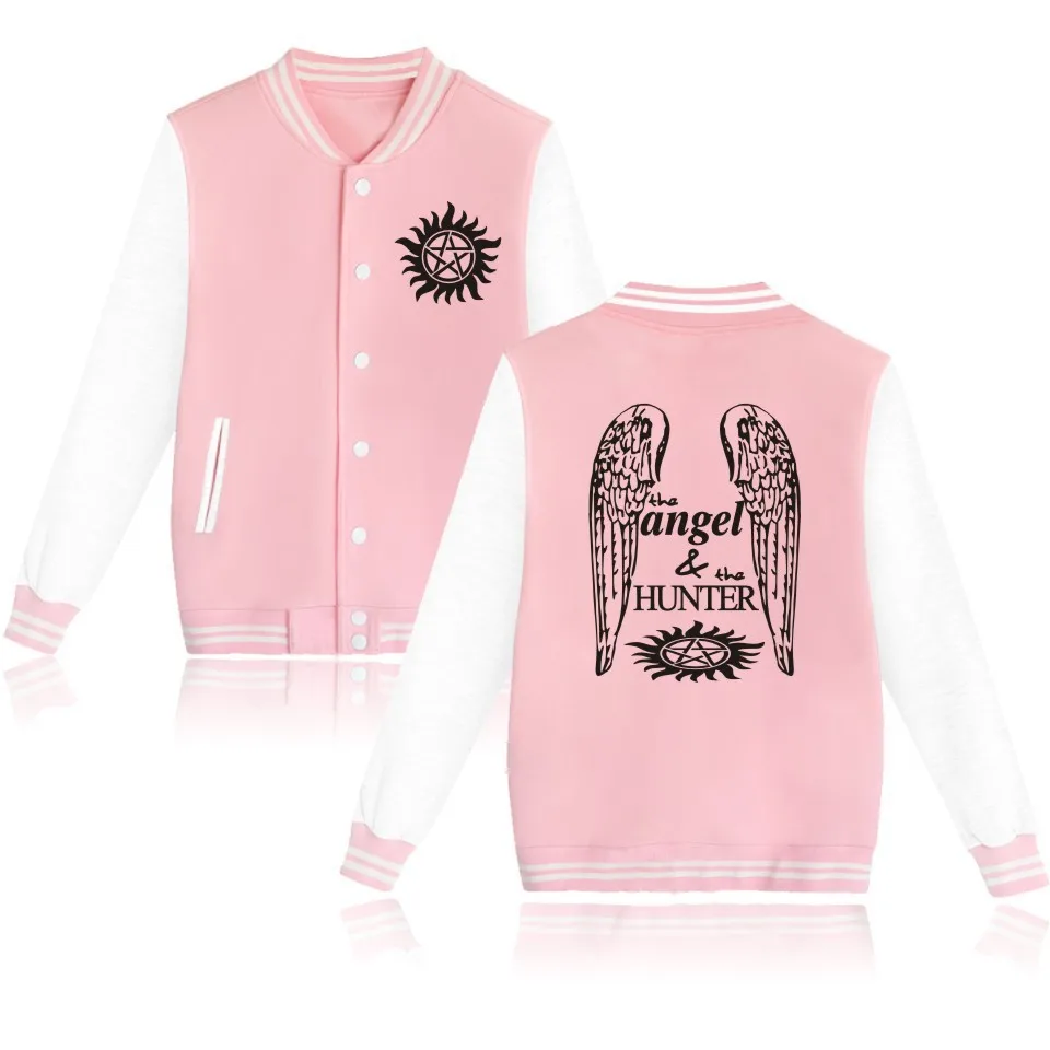 Supernatural Angel and Hunter Baseball Uniform Fleece Jacket Women Men Streetwear Hip Hop Long Sleeve Pink Hoodie Sweatshirts