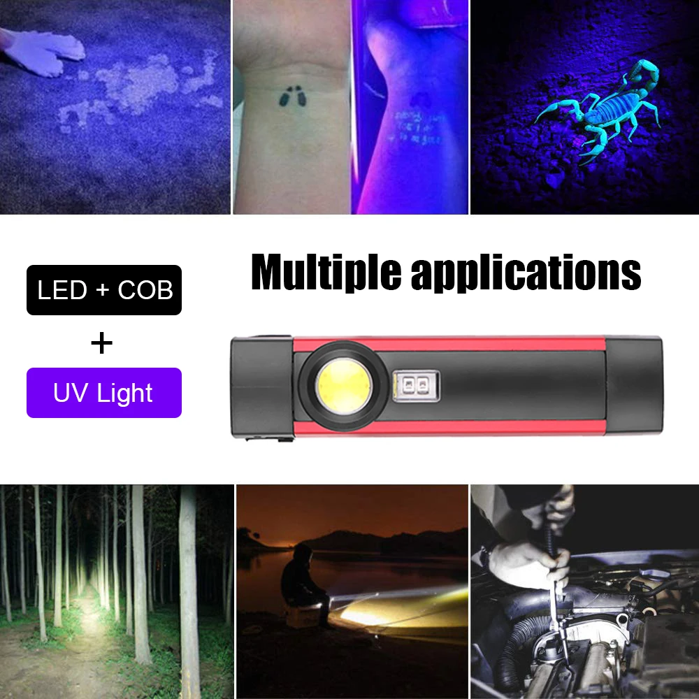 LED Flashlight Multi-function XPE+COB Torch UV Detection Lamp Rechargeable Waterproof Camping Light with Magnet Repair Lantern