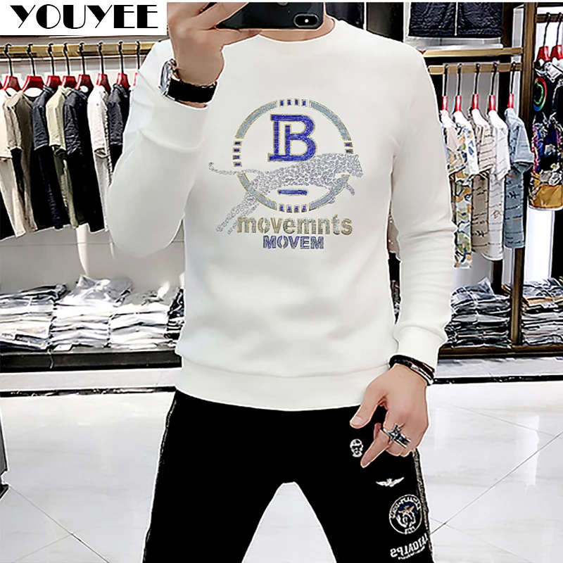 Men's Hoodies European Long Sleeve Top Slim  Hot Diamonds Trend Comfortable Casual Inside Sweater 2024 Autumn Winter New Clothes