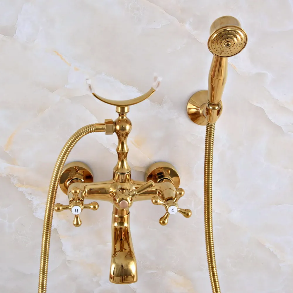 Luxury Gold Color Brass Wall Mounted Bathroom Bath Tub Faucet Set with 1500MM Hand Held Shower Spray Mixer Tap 2na914