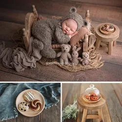 Newborn Photography Accessories Mini Solid Wood Coffee Table Wool Felt Cookies Donuts Baby Photo Props Background Dessert Tray