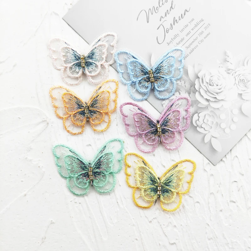 Two-Layer Embroidery Chiffon Butterfly Appliques for Clothes, Sewing Appliques, DIY Hair Clip Accessories, 5*4cm, 12 PCs/Lot