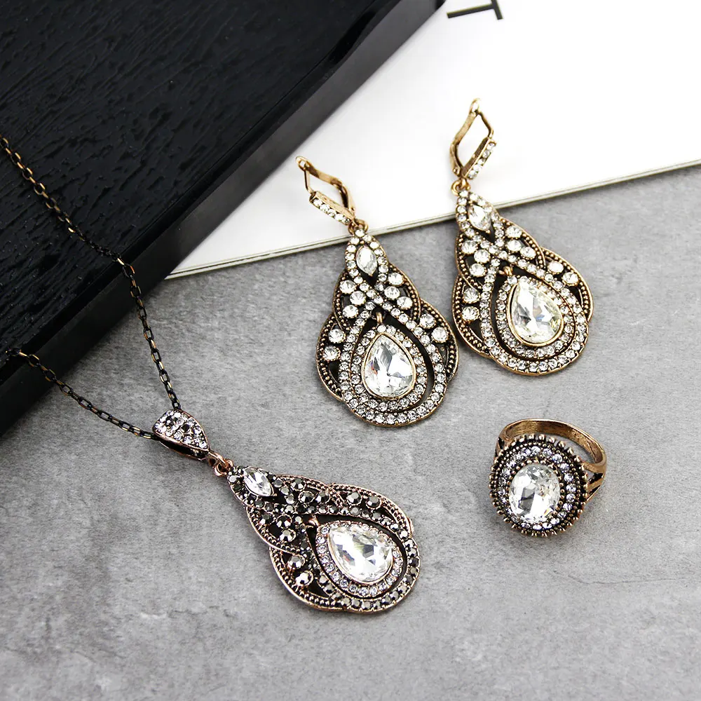 Sunspicems Elegent Bohemia Gray Crystal Earring Necklace Ring Wedding Jewelry Sets for Women Antique Gold Color Bride Gift 2020