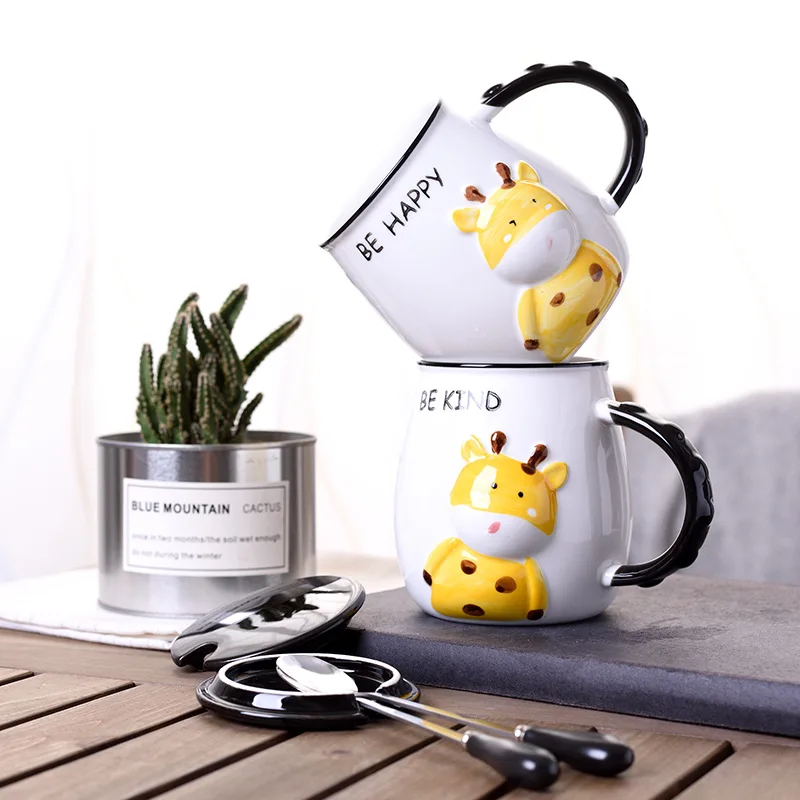 

Nordic style creative cute animal embossed ceramic mark cup student cup with lid spoon children room decoration best gifts