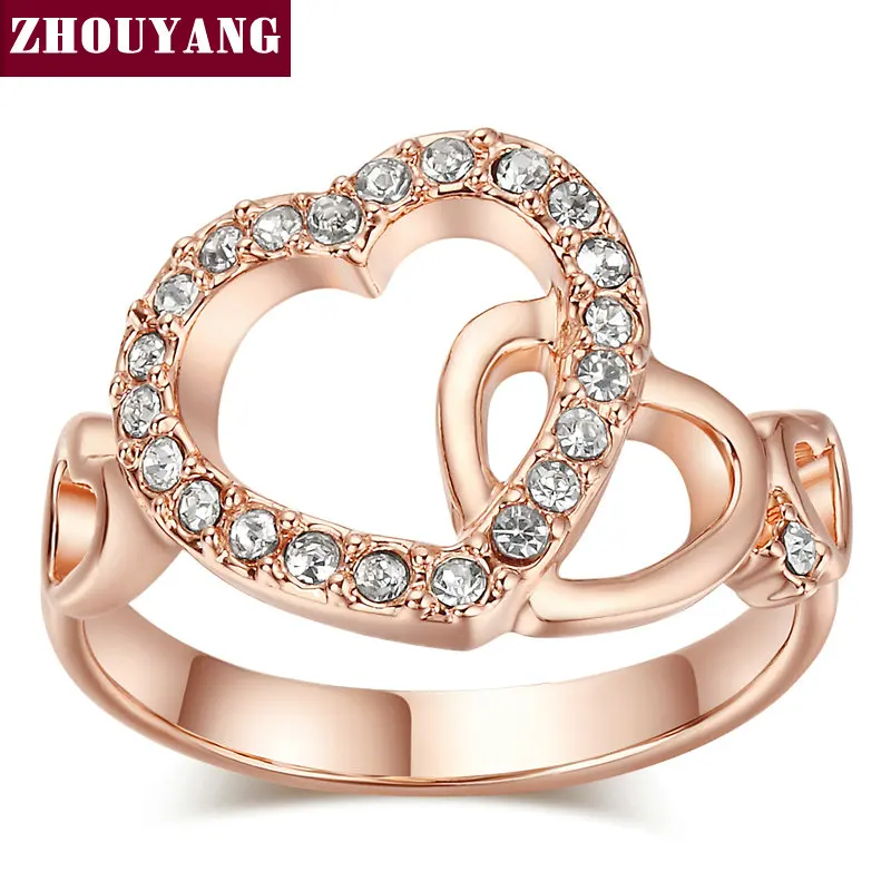 Top Quality Gold Romantic Dual Hearts Crystal Love Ring Rose Gold Color Austrian Crystals Full Sizes ZYR154 ZYR155