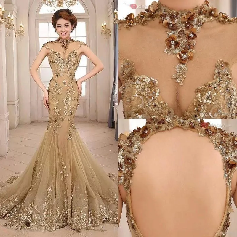 Ropa de noche de cuello alto, vestidos de fiesta formales de sirena hechos a medida, con cuentas, celebridades, champán, 2020