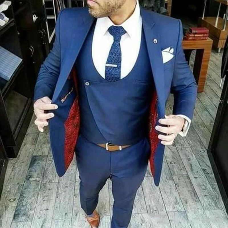 High Quality Custom Made Notched Lapel Blazer Navy Blue Groom Wear Suits Lasted Design 3 Pieces(Jacket+Vest+Pants) Men Suits