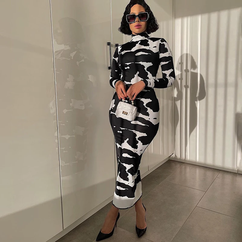 

Fall Clothes Wholesale Items Women Fashion Autumn Long Sleeve Printed Bodycon Pencil Long Dress Streetwear