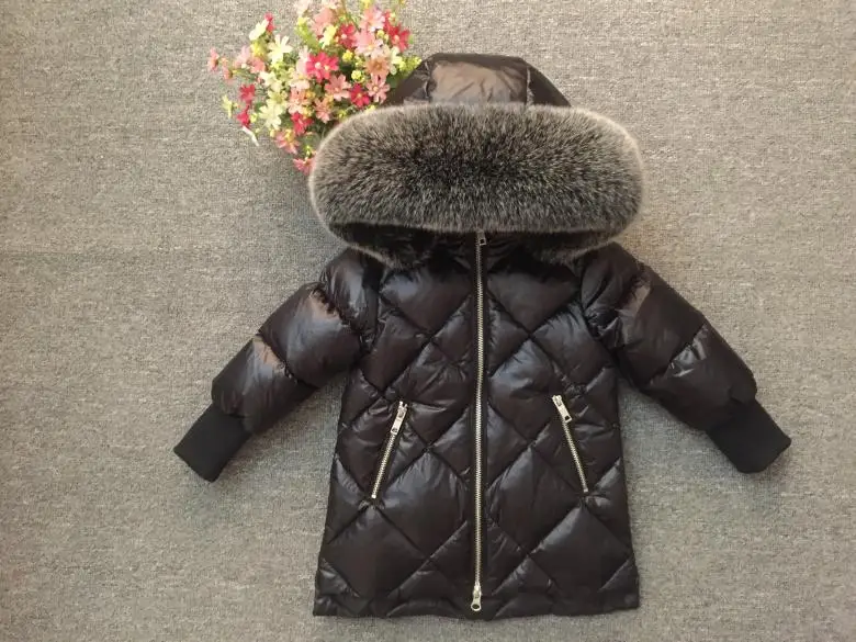 Winter checked coats real fur collar hooded long jackets girls and boys thicken padded parkas warm -30 degree children ws1027